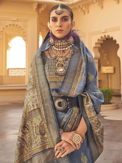 Attractive Dusty Blue Printed Silk Traditional Saree With Blouse